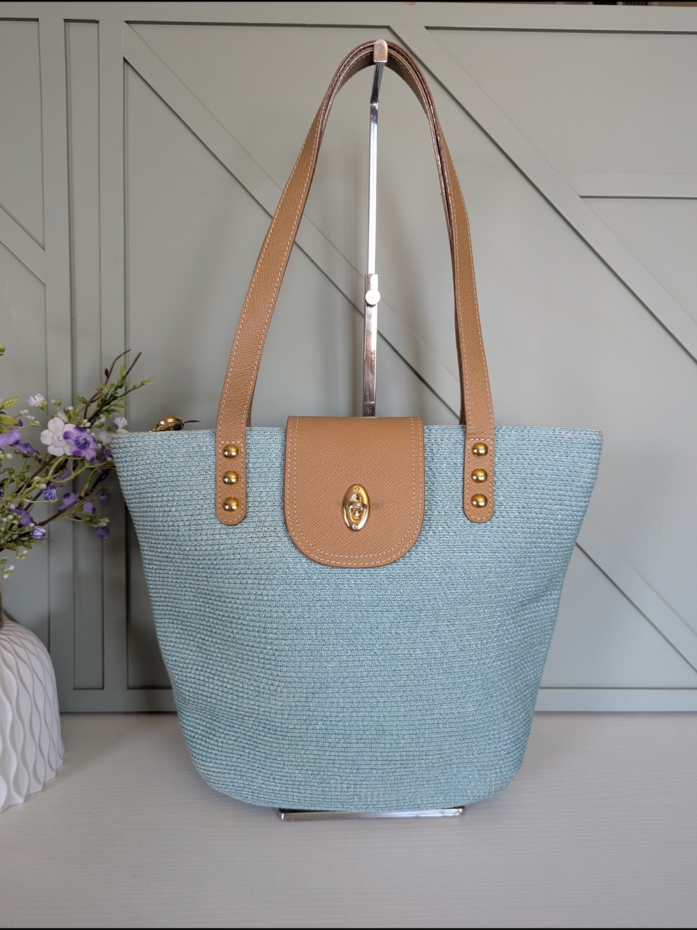 Eric Javits Light Blue Straw Tote with Tan Trim